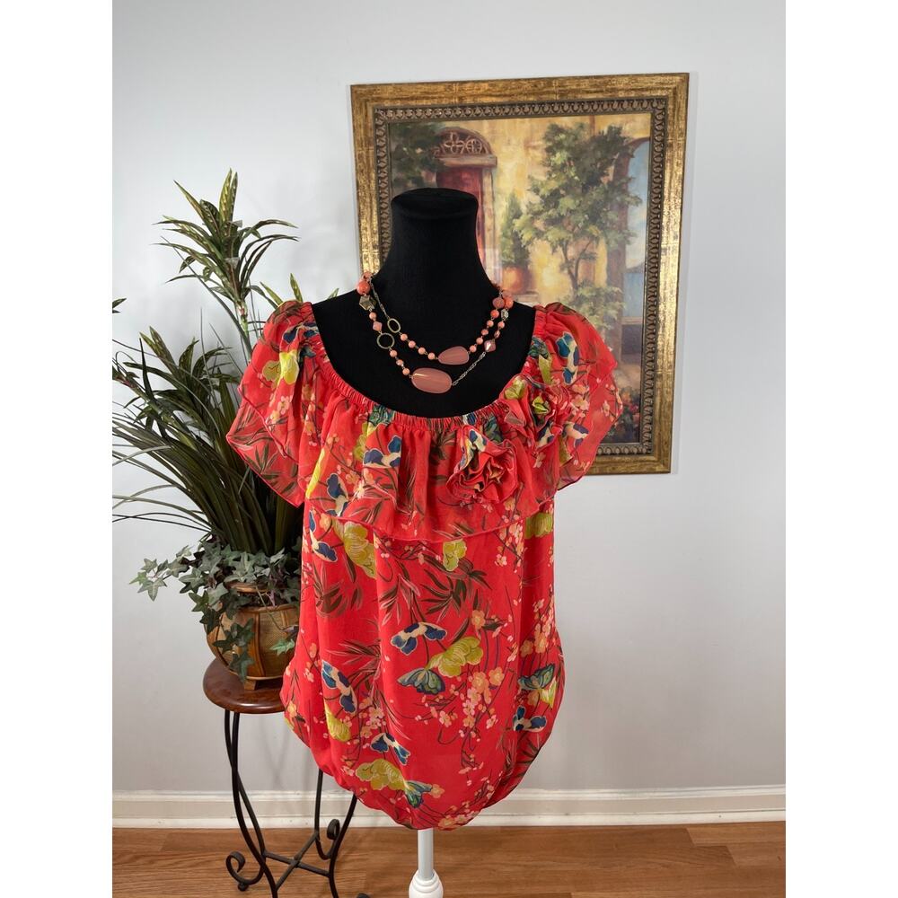 Sweet Pea Chiffon Blouse Womens XL Coral Red Floral Ruffle‎ Neck Tropical Girly